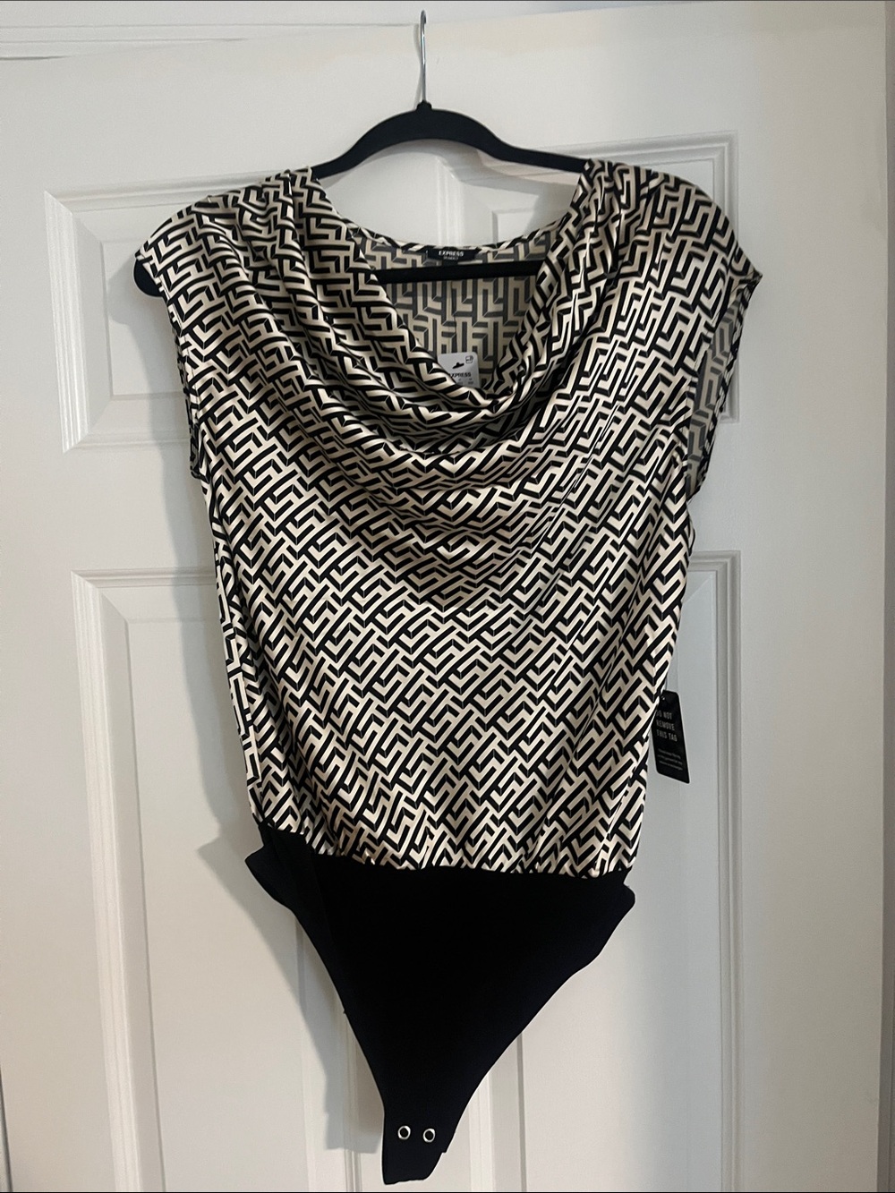 Express Black and White Geometric Cowl-Neck Bodysuit